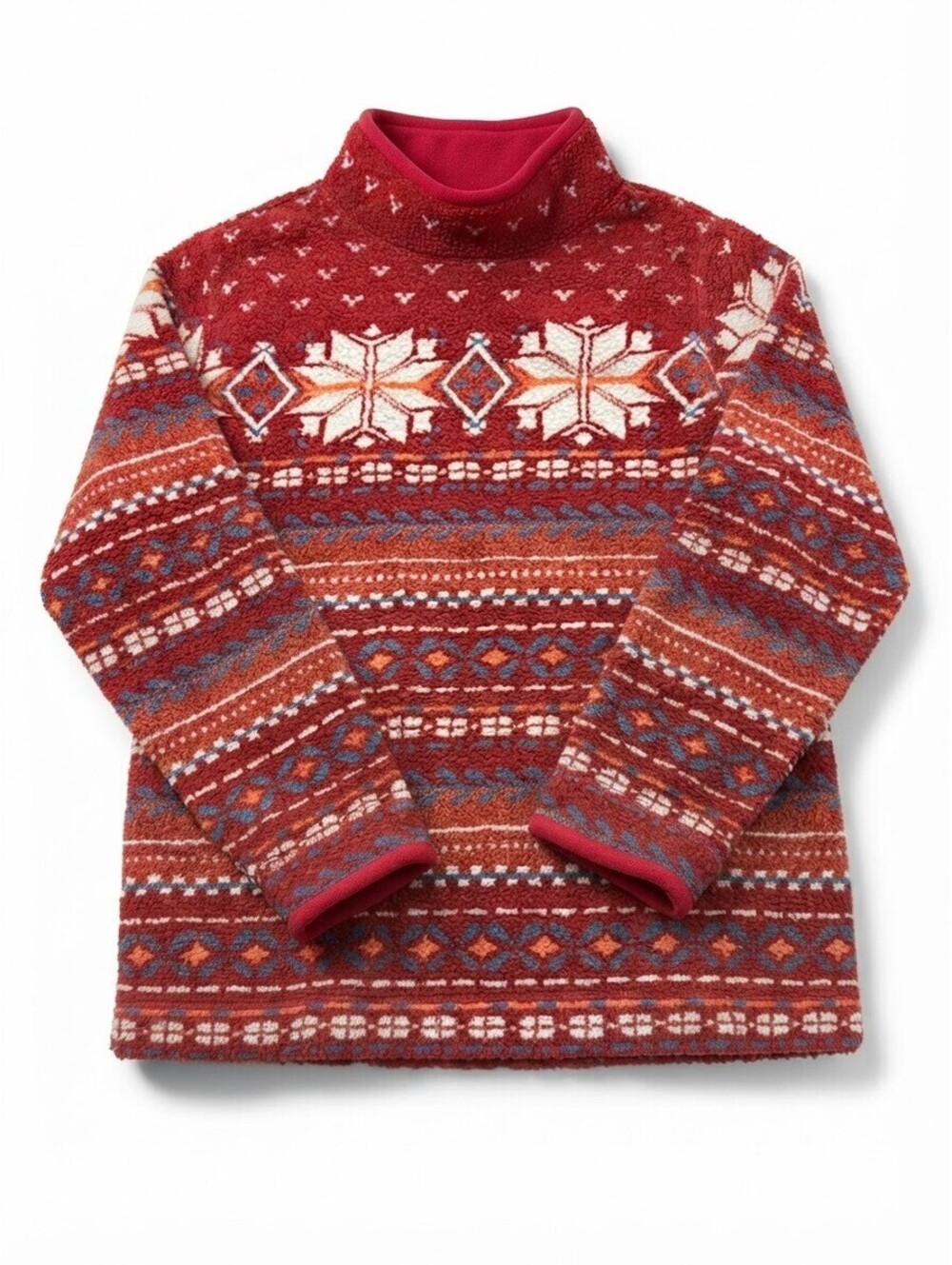 L.L.Bean Women's Fuzzy Fleece Pullover Sweater Med Red Nordic Snowflake Pattern